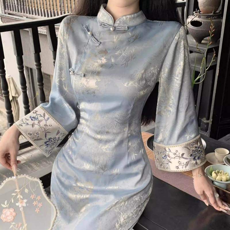 New Chinese-style Blue Printed Slim-fit Inverted Large Sleeve Improved Gentle Cheongsam Autumn Vintage Bamboo Leaf National Style dress Collar