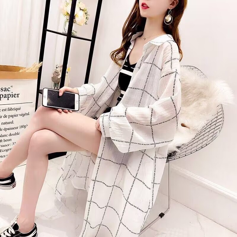 Korean Style Plaid Shirt Sun Protection Clothing for Women 2025 Summer Thin Loose Anti-Uv Mid-Length Long-Sleeved Jacket
