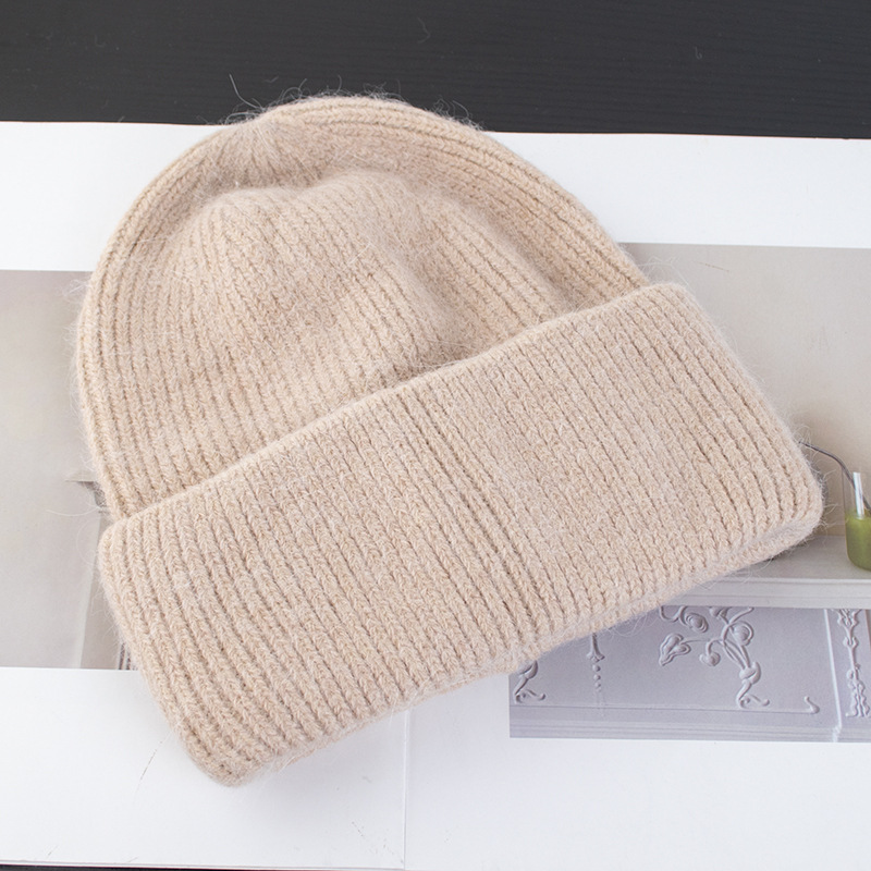 Picture of Korean Winter Knitted Hat with Large Brim for Women, Windproof Pullover Round-Top Adult Rabbit Fur Wool Hat