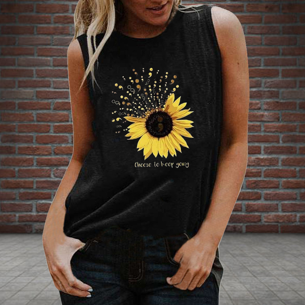 2021wish Amazon Cross-border Simple Sunflower Pattern Sleeveless Pullover T-shirt