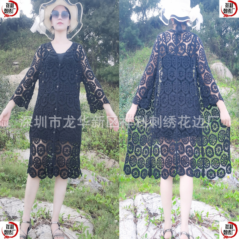 Picture of European and American style women's knitted vest long-sleeved cardigan dress shawl women's heavy work crocheted hollow retro long beach shirt