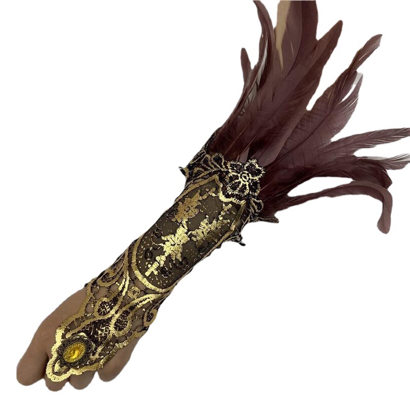 European and American Cross-border Halloween Feather Bracelet Gothic Style Feather Gloves Hollow Gold Lace Lace Arm Cover