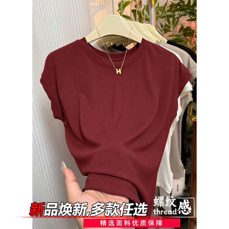 Ice Silk Thread Shoulder Women's T-shirt Short Sleeve Small Flying Sleeve Top 2025 New Summer Small Chic High Elastic Half Sleeve