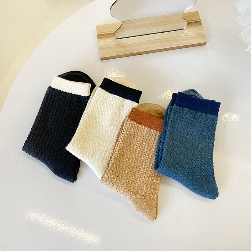 Autumn New Mid-Style Socks Women's Color Matching Striped Solid Color Cotton Socks Simple All-Match Japanese Style Solid Color Socks Children's College Style