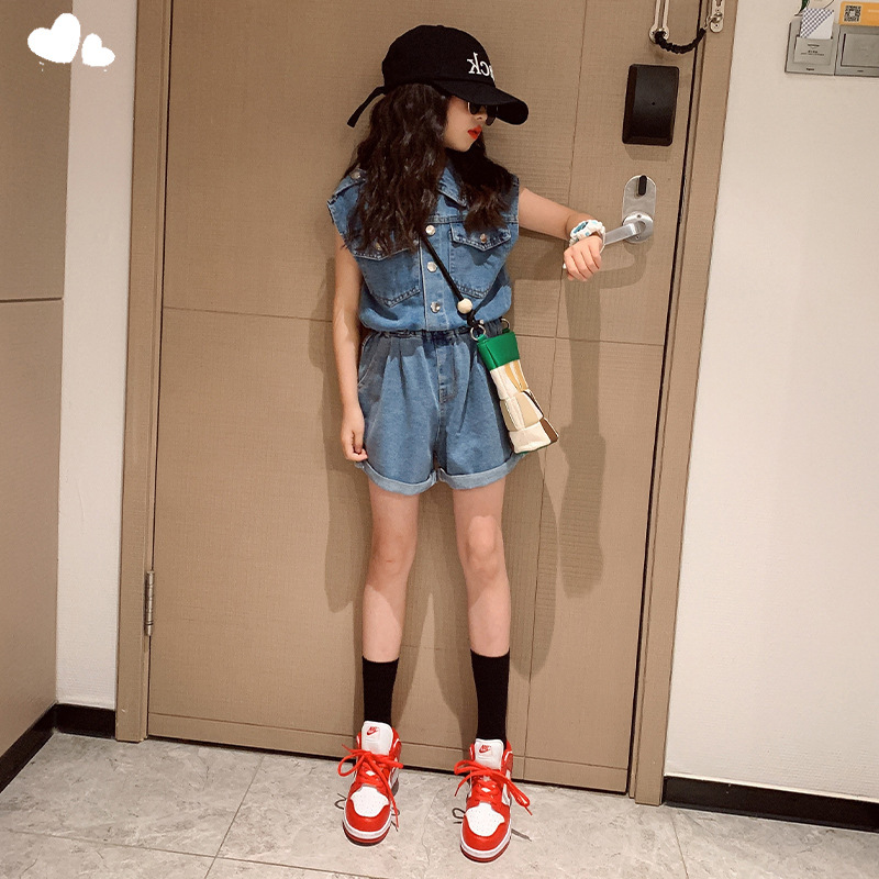 Girls Summer Denim Shorts Set 2025 New Internet Celebrity Girls Korean Style Sleeveless Vest Two-Piece Trendy Set