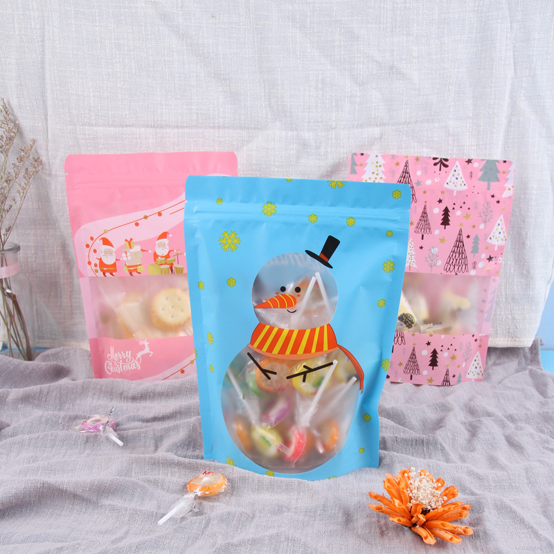 New Christmas Snowman self-standing bag half jin snowflake crisp three-dimensional packaging bag nougat packaging flat mouth self-sealing bag
