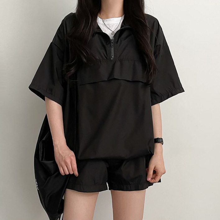 Wholesale high collar zipper short sleeve shorts women's two-piece Korean summer fashion casual sportswear set loose