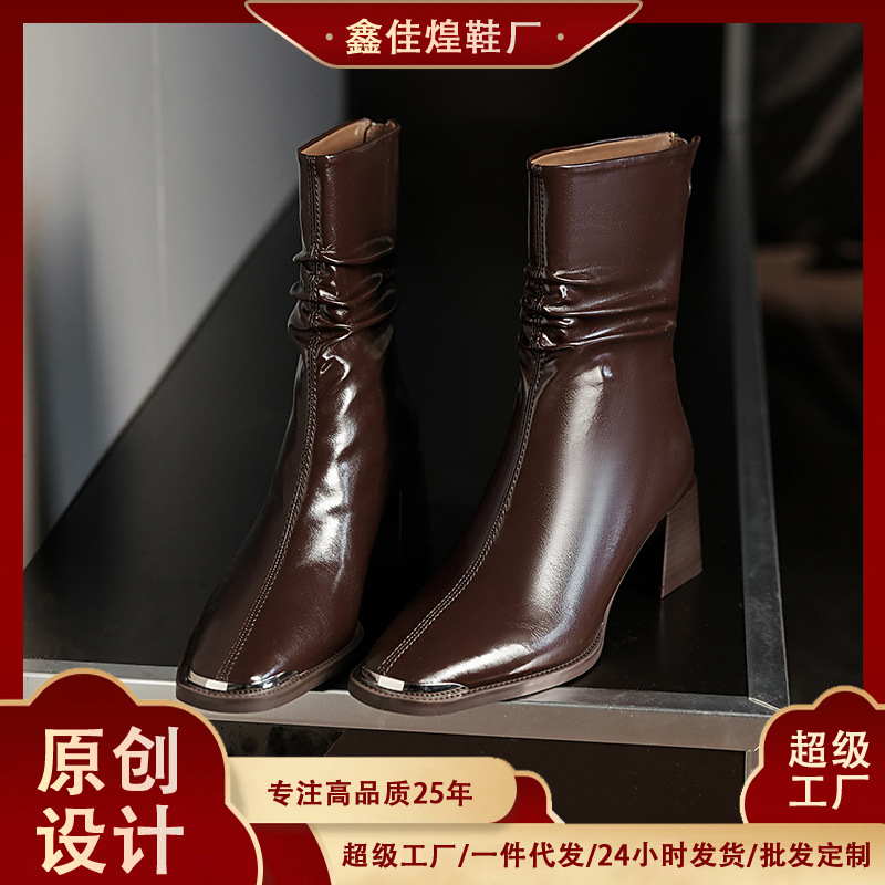5598-6 Pleated Soft Leather Retro Square Head High Heel Short Boots Women's Fall/Winter Coarse Heel Martin Boots British Style Knight Boots