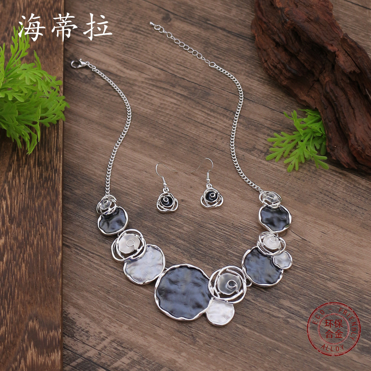 Picture of Cross Border Hot Sale Enamel Rose Earrings Necklace suit Women Valentine's Day High Sense Rose Necklace