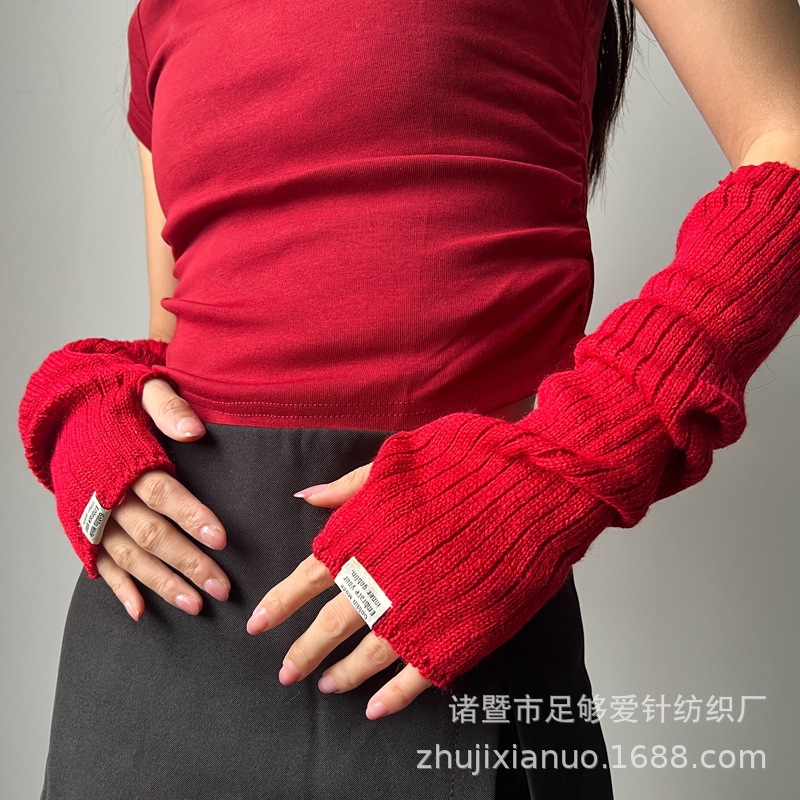 Shano Autumn and Winter Warm Gloves Cloth Label Fingerless Gloves Wool Knitted Arm Sleeves Christmas Red Sleeves 244