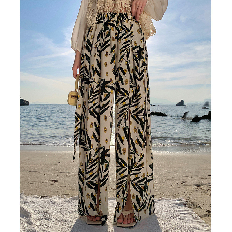 Picture of Bohemian beach culottes women's summer seaside wear thin split wide-leg pants floral draping mop pants trousers