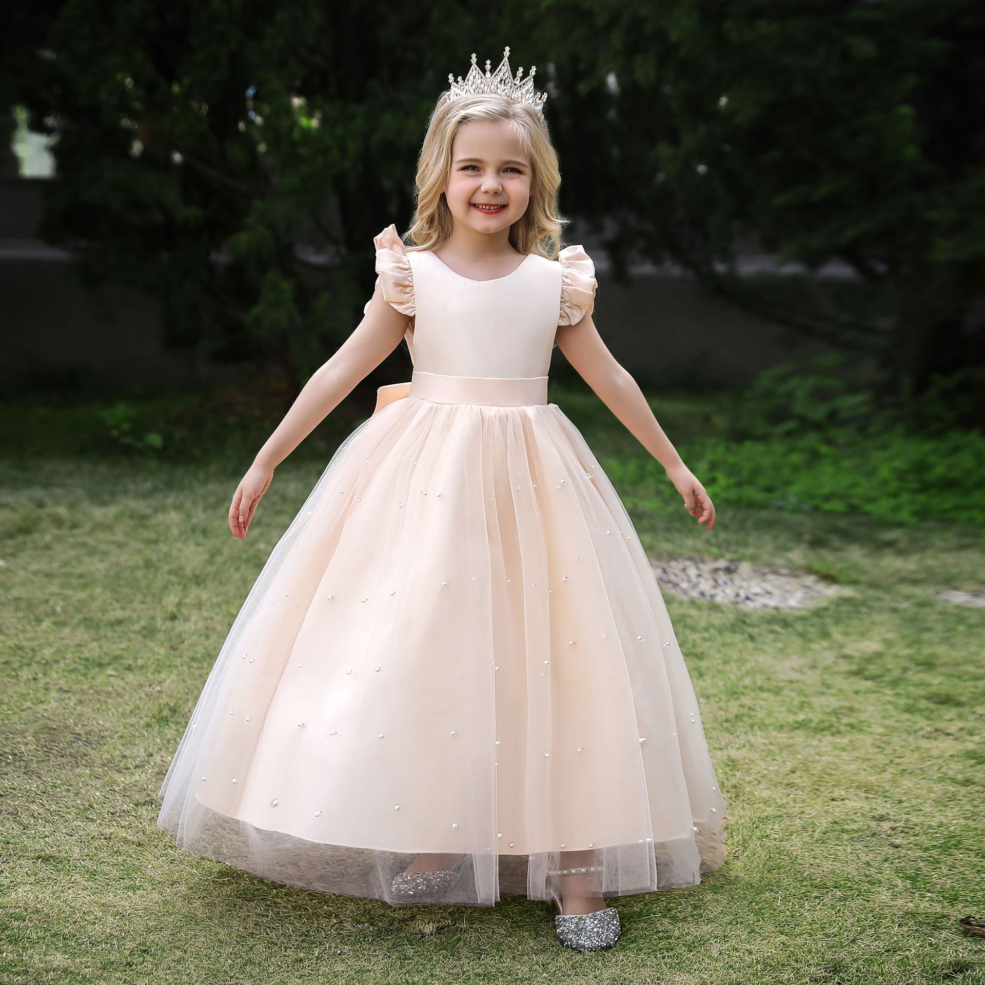 Picture of European and American Children's Dress Flower Girl Princess Dress Girl's Bow Long Dress Piano Performance Dress Poncho Wedding Dress Dress
