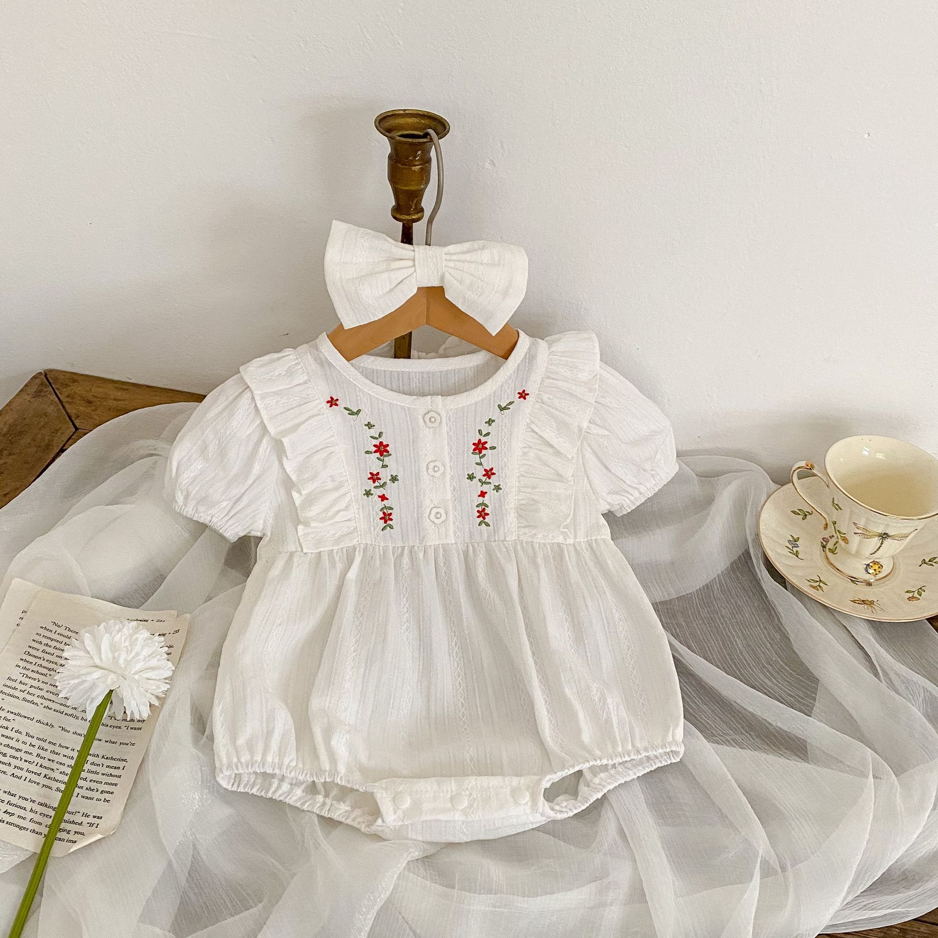 Picture of 2025 Summer Baby Clothes, Cotton, Stylish Embroidered Harem Clothes, Baby Girl's Round Neck Short-Sleeved Fart Clothes, One-Year-Old Rompers
