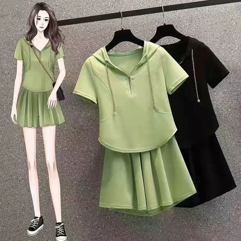 Cross-border Foreign Trade Summer New Large Size Set Women's Hooded Loosen Skirt Pants Casual Sports Age-reducing Two-piece Set