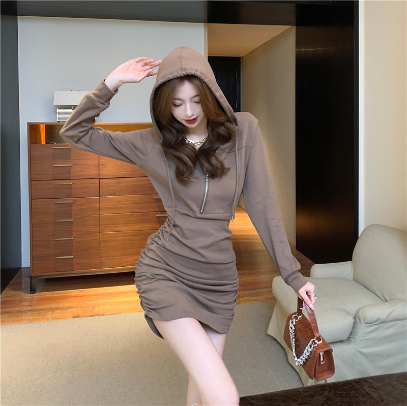 Hooded Sweatshirt Dress Hip-Covering Dress Women's Spring & Fall 2025 New Socialite Gray and Black Waist Slimming Look Long-Sleeved Skirt