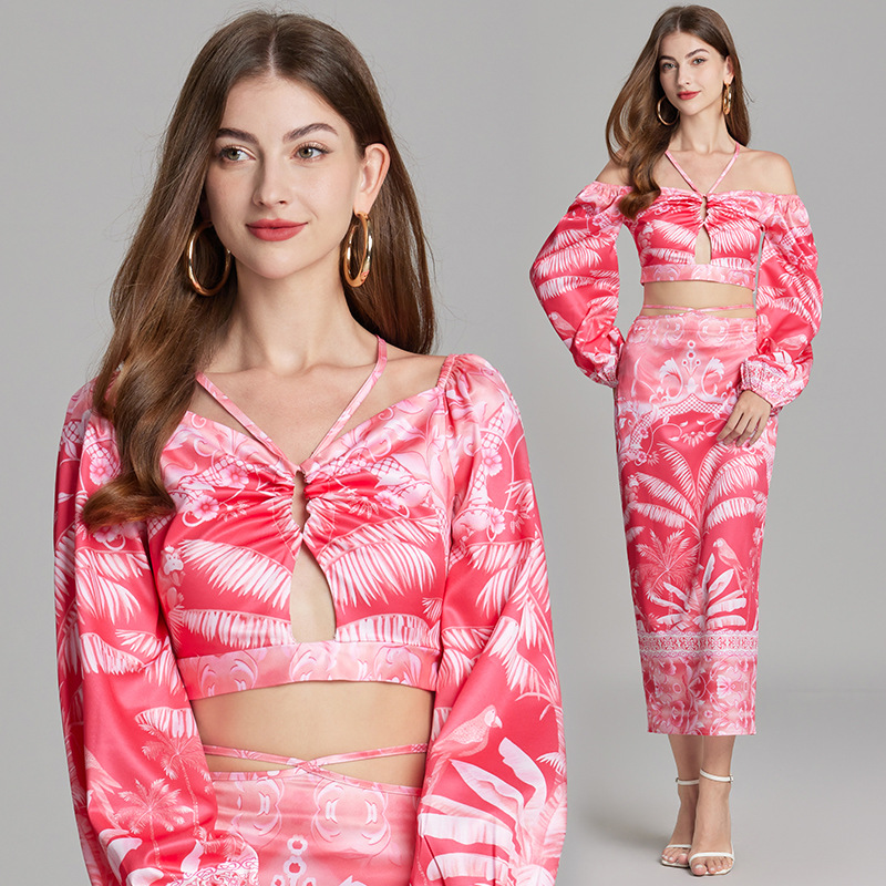 Real Shot Summer Beach Style Sexy Backless Strap Long Sleeve Top Strap Skirt Two-piece Set