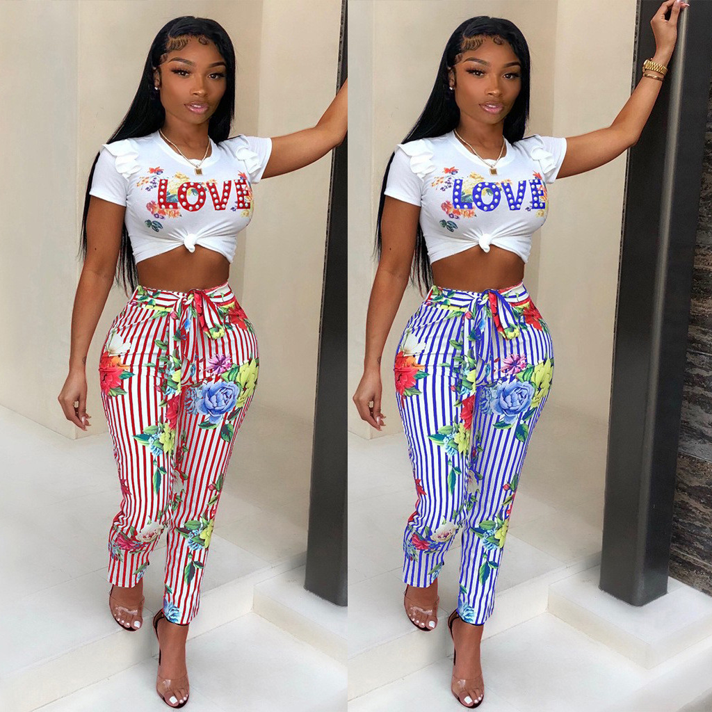 European and American cross-border independent station Ebay short-sleeved T-shirt lace-sleeved striped lace-up pencil pants sexy printed two-piece set