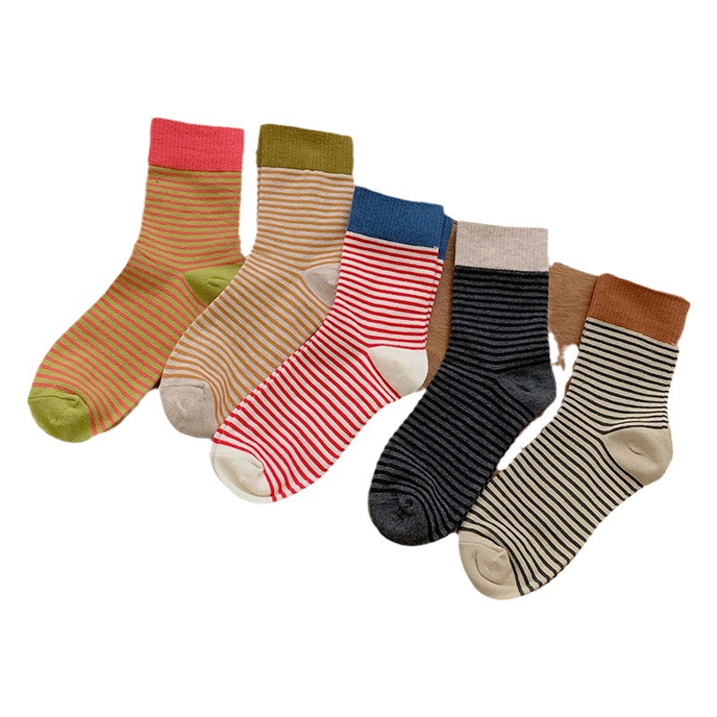Japanese Style Stripesd Socks Women's Four-Season Mid-Calf Socks 2024 New Women's Cotton Socks Color-Blocked Pile Socks Zhuji Socks