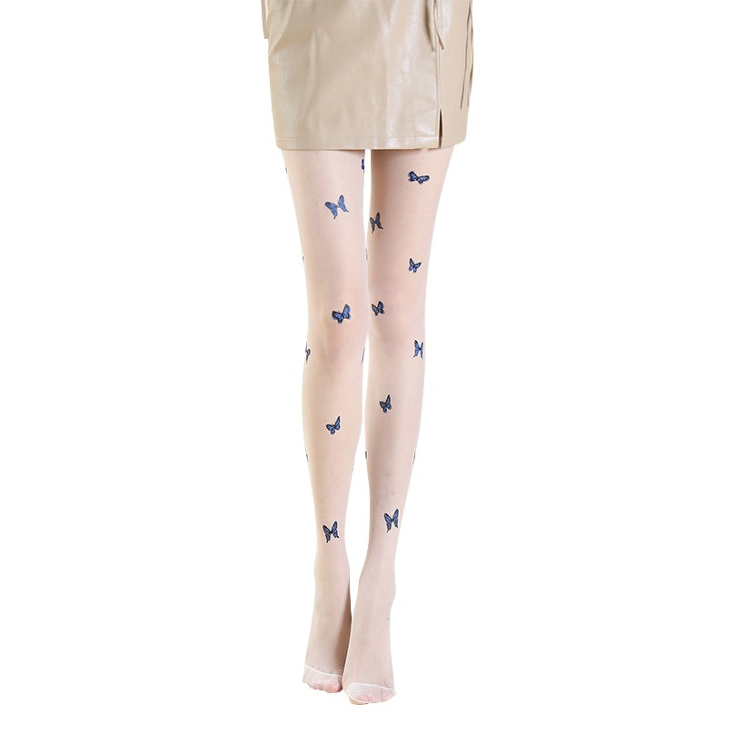 Spring and summer new pure desire gentle fairy wind blue butterfly printing thin milk white jacquard base stockings wholesale