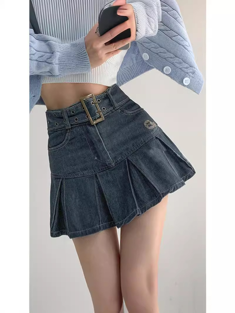 Spice Girls Denim Skirt Women's Summer Pleated Skirt 2024 New Design High Waist Slimming A- line Short Skirt Trendy