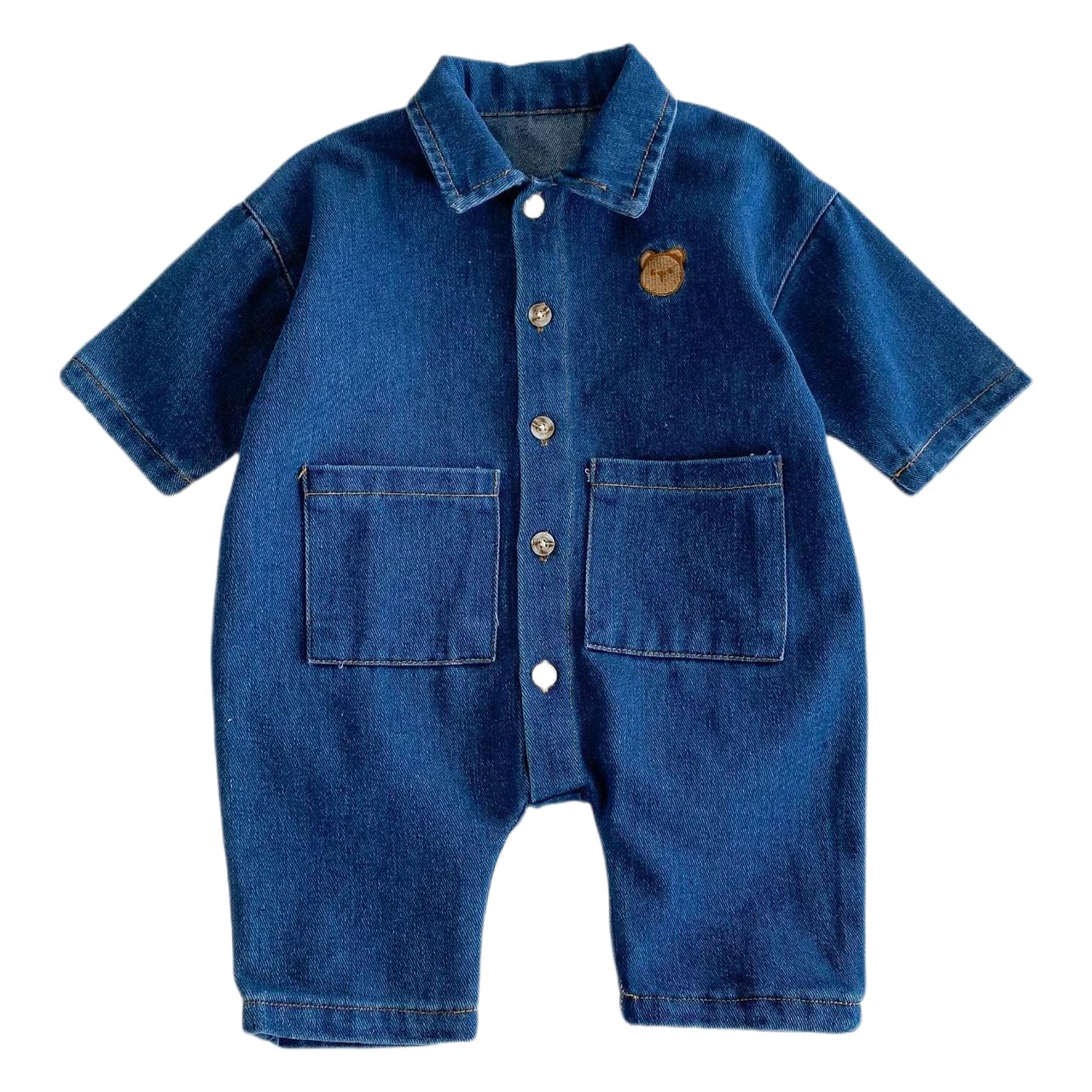 Spring and Autumn Style 0-2 Years Old Baby Jumpsuit Soft Denim Lapel Open Button Kidsren's Fashionable Denim Jumpsuit