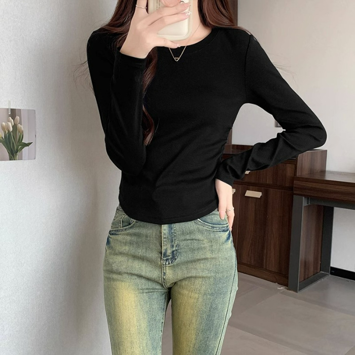 Picture of American Long-Sleeved Bottoming Shirt for Women in Autumn and Winter 2025 New Curved Hem Asymmetrical T-Shirt with Inner Top