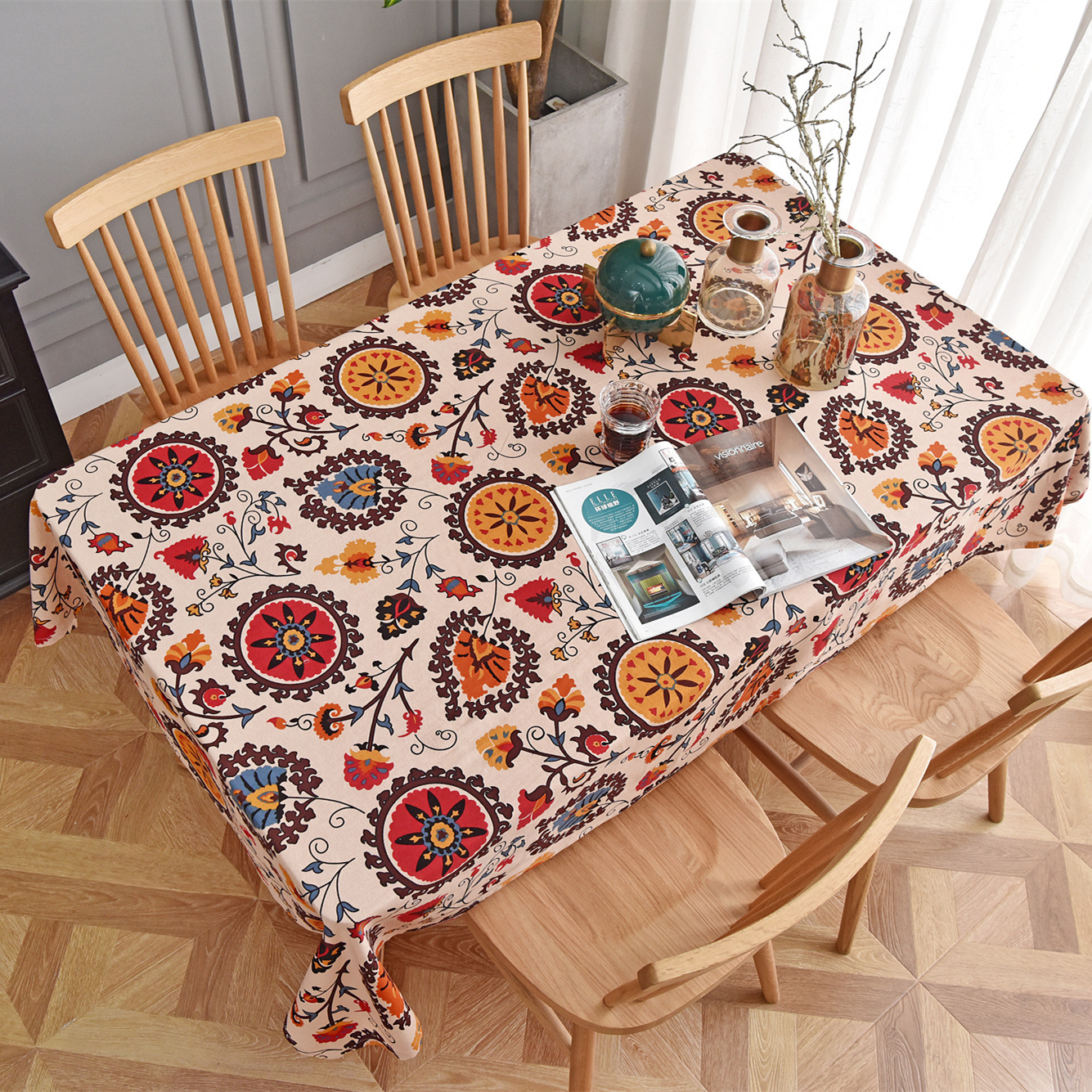 Picture of Hemp Cotton Digital Printing Fabric Floral Fabric Pastoral Style Fabric Ethnic Style Vintage Floral Skirt dress