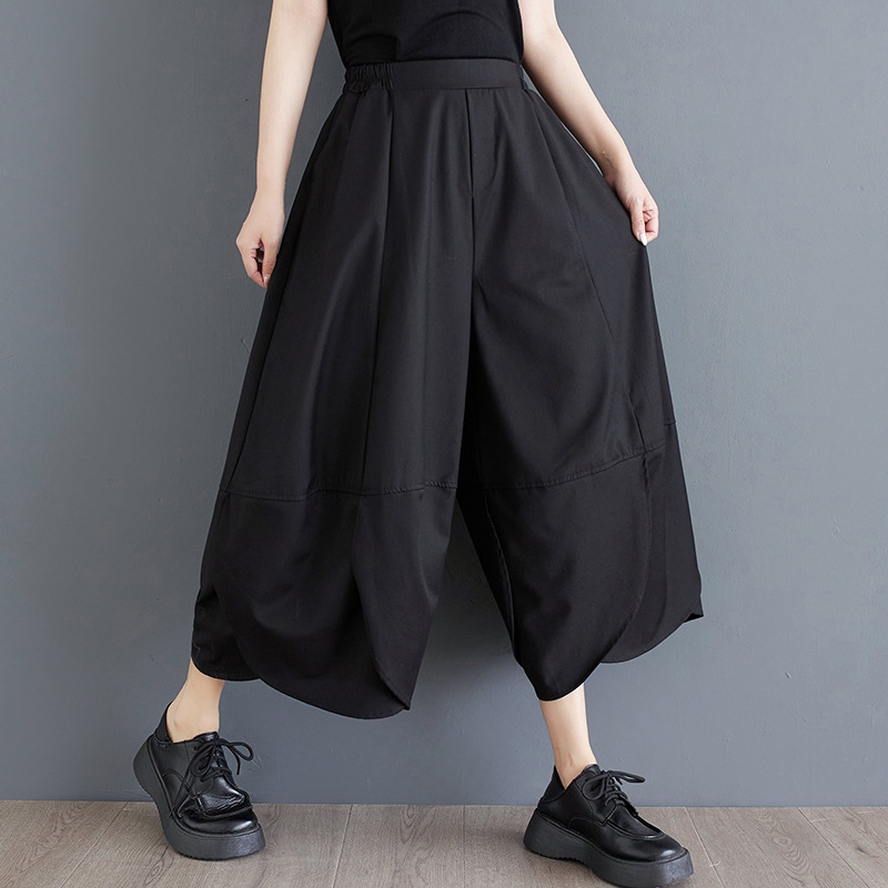 Spring 2024 Black High Waist Wide Leg Bun Pants Women's Bloomers Japanese Ankle-length Pants Big Leg Casual Pants Culottes