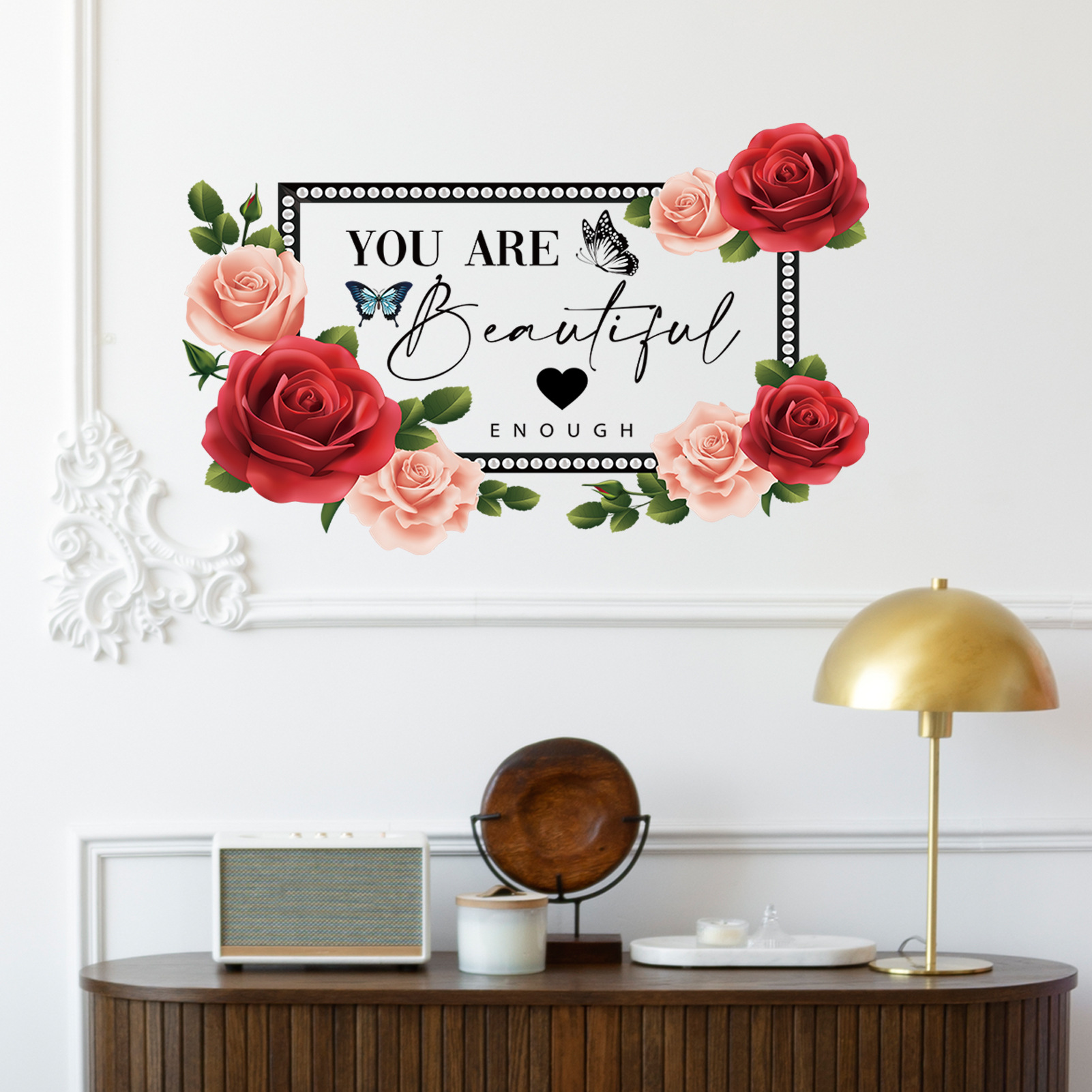 Ms-Ja005 English Slogan Peony Flower Butterfly Bedroom Living Room Home Decoration Wall Sticker Creative Home
