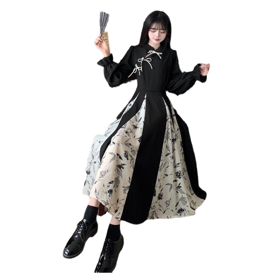 Retro New Chinoiserie Improved Cheongsam Long Skirt for Women Autum Floral Splicing Long-Sleeved Dress Spring