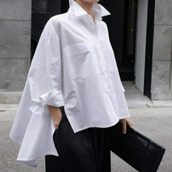 Spring and Autumn New White Shirt Women's Korean-style Loose plus size Cape Long-sleeved Irregular Shirt Fashion Top