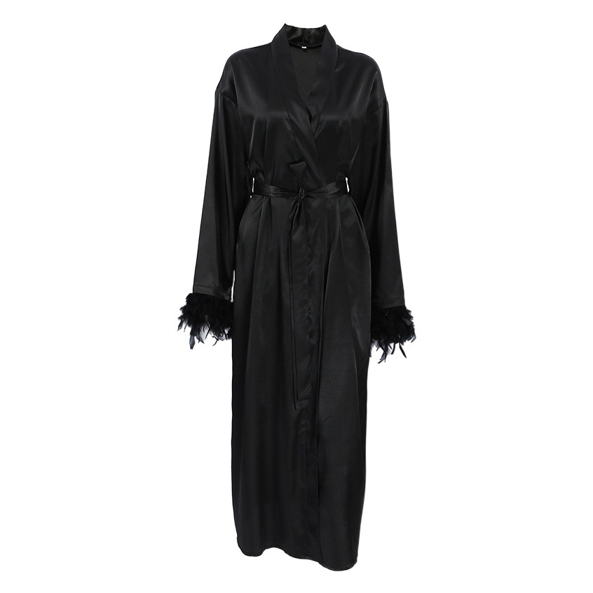 2024 Summer European and American New Solid Color Sexy Feather Long Sleeve Comfortable Nightgown Breathable Casual Outer Wearing Home