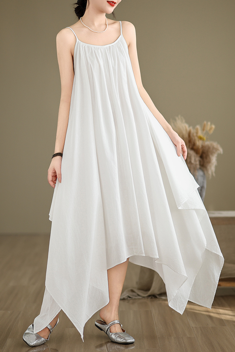 Picture of Black and White Minimalist Irregular Hem Sling Long Dress Children's Loose Beautiful Travel Photoshoot Sleeveless Solid Color Cotton and Linen dress
