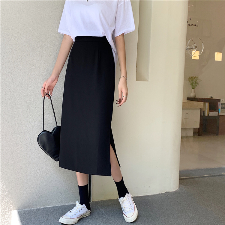 Picture of 2023 Summer A- shaped High Waist Skirt Women's One-step Split Hip Cover Slimming Mid-length Black Hip Skirt