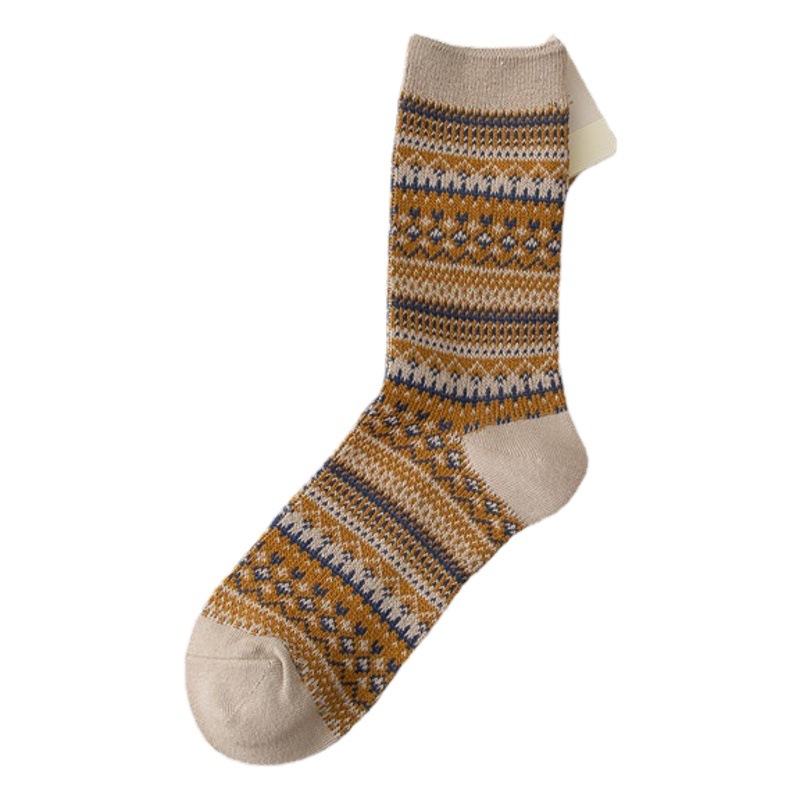 21 Autumn and Winter Double Needle Double Road Reverse Side Wireless Head Women's Socks Striped Vintage Ethnic Style Socks Women's Cotton Socks Combed Cotton