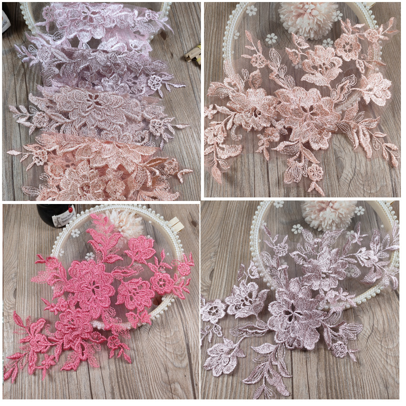 in stock color embroidery car bone pair float strand lace diy wedding dress accessories lace applique pair flower