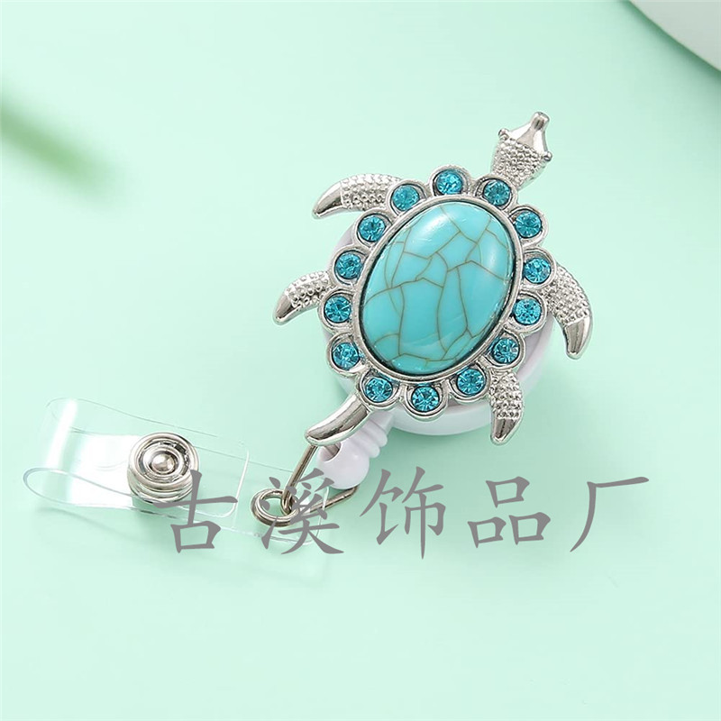 Cross-border rhinestone turtle retractable badge reel easy pull button nurse ID card back clip rotating easy pull