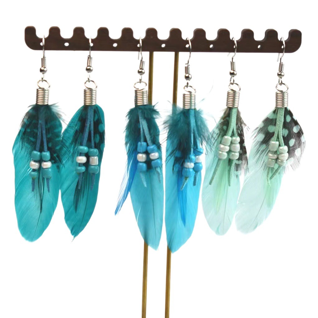 Amazon Cross-border Explosions Long Tassel Feather Earrings Bohemian Ethnic Style Retro Earrings