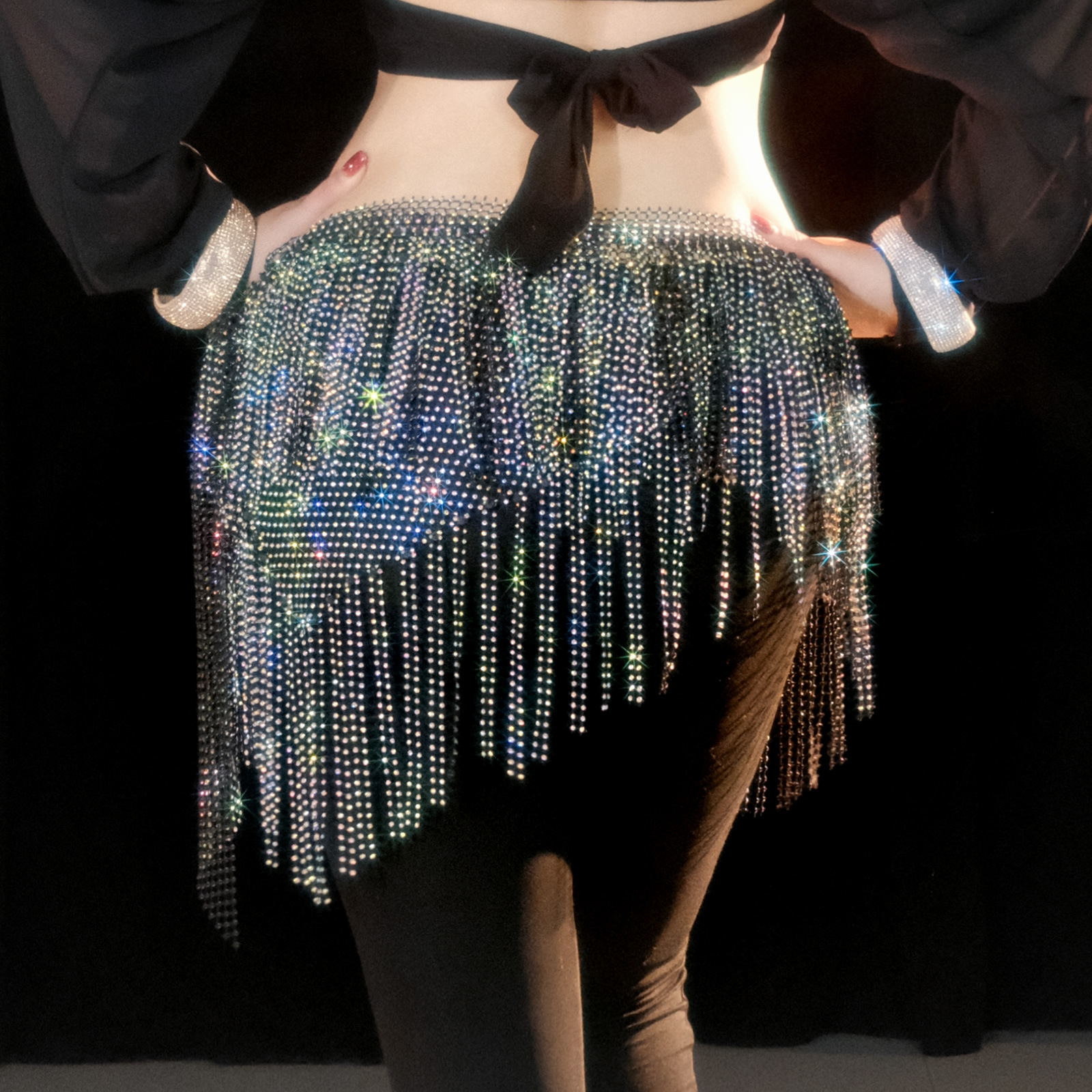 Picture of Dancer Handmade Flash Diamond Hip Towel Belly Dance Tassel Waist Chain Multi-layer Hot Diamond Dance Accessories Fart Curtain Y1028