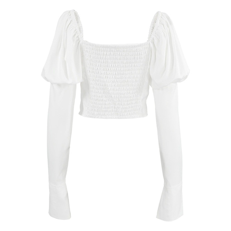 Spring new simple French style puff sleeve square collar shirt Women's elegant inner short white satin pullover top