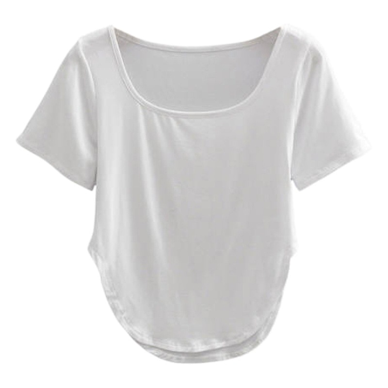Basic ins American-style retro arc hem short-sleeved T-shirt slimming open collarbone square collar tight stretch top for women
