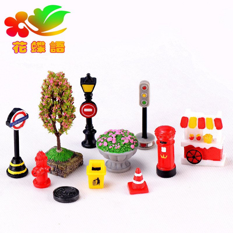 Picture of Indicating street sign street lamp mailbox fire hydrant trash can flower bed road cone Street View crafts resin gift ornaments