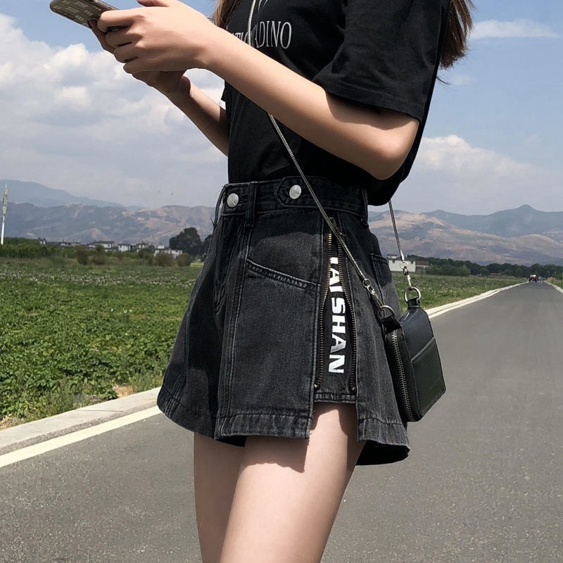Thin Denim Shorts Women's Summer 2022 New ins Side Zipper Straight High Waist A- Letter Super Hot Wide Leg Hot Pants