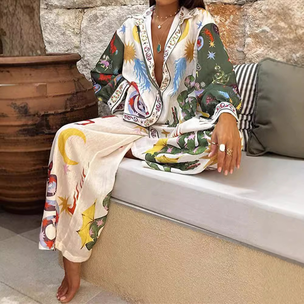 Europe Africa African New Fashion Niche Design Women's Printed Long-Sleeved Shirt Pants Linen Suit