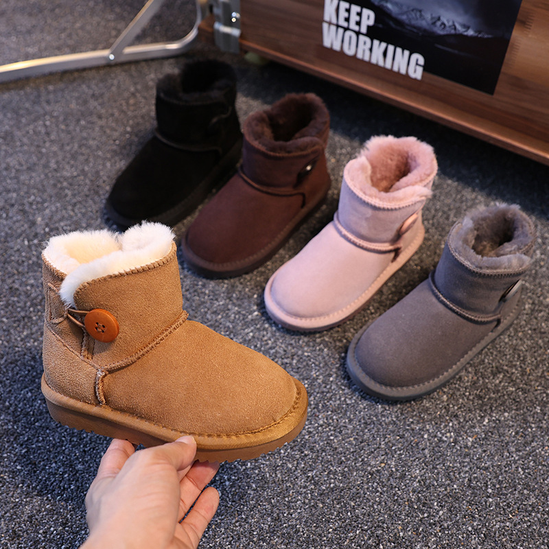 One Button Cowhide Children's Snow Boots for Boys and Girls Winter Thickened Warm Non-slip fleece-lined Shoes for Babies
