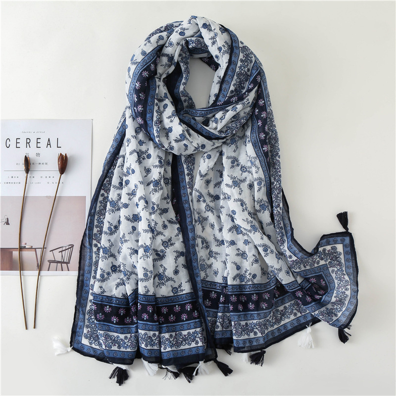 Blue and White Porcelain Color Small Flower Pattern Scarf Ethnic Style Scarf Women's Autumn and Winter All-match Silk Scarf Cotton Linen Warm Shawl