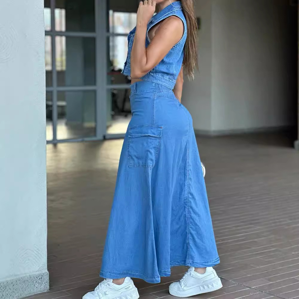Picture of European and American women's high waist skirt Amazon cross-border women's fashion single row button slit large pocket denim skirt