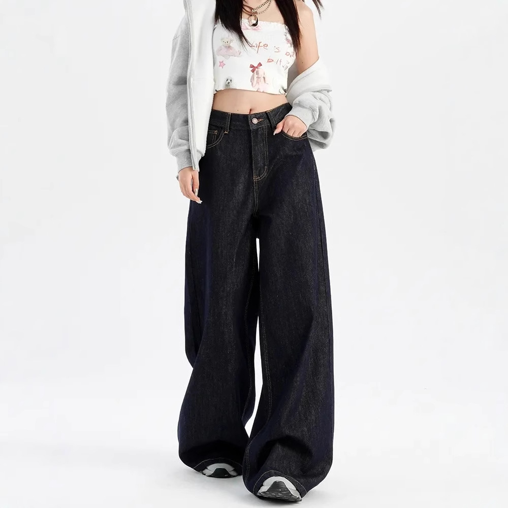 Picture of American Style Retro dark blue Mop Jeans Women's Spring and Autumn High Waist Straight Wide Leg Pants Small Layhead Pants