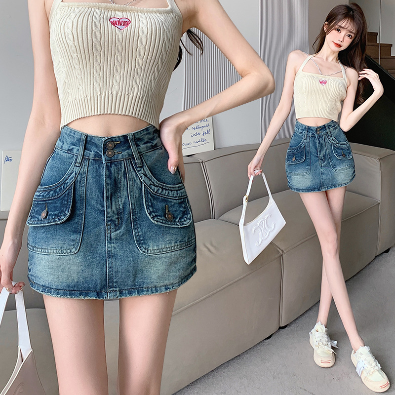 Anti-glare Denim Skirt Women's Nostalgic Design Sense Slimming High Waist Denim Shorts Hip Skirt
