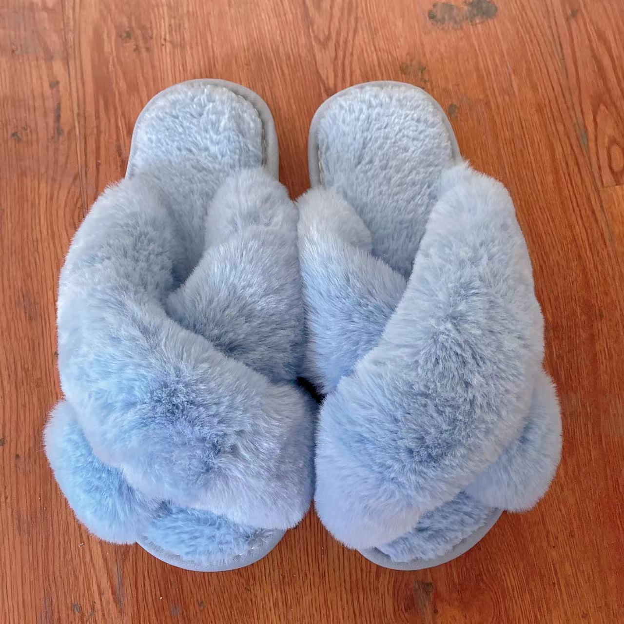 Picture of Amazon Slippers Winter Plush Cross-Strap Cotton Indoor Warm Plus Large Fur Slippers Women's High and Low Imitation Rabbit Fur